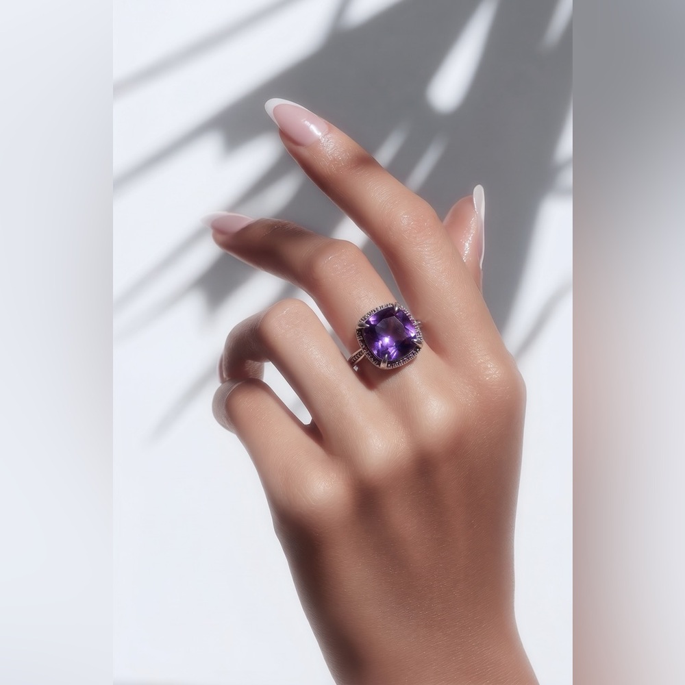 Elegant Amethyst Openwork Cushion-Cut 925 Sterling Silver Ring 10.5”